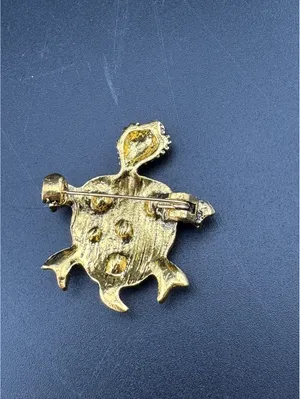 Gold Tone Turtle Brooch with Blue and Green Rhinestones thumbnail 3