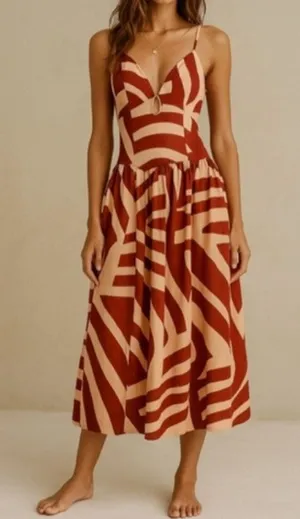 Mon Renn Geometric Cotton Drop Waist Midi Dress Maroon Red Medium thumbnail 1