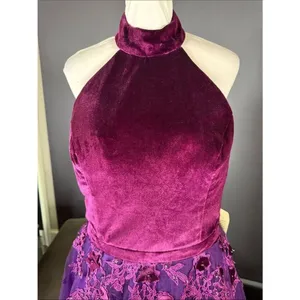 Women’s Velvet Halter Purple Party Dress Floral Tulle Skirt Size M NWT thumbnail 2