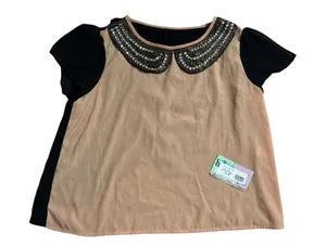 Source Unknown Black & Beige Embellished Collar Short Sleeve Top thumbnail 1