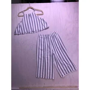Allie Rose 2 Piece Set Women Small Blue White Striped Crop Top Pants AT5831 thumbnail 12