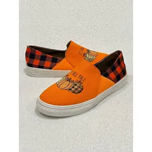Orange Pumpkin “It’s Fall Y’all” Buffalo Plaid Canvas Slip On Sneakers Size 9.5 thumbnail 13