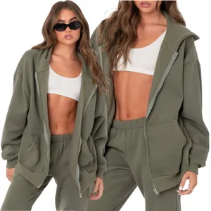 Edikted Nova Oversized Hoodie Full Zip Sweatshirt Womens XS/S Olive Green Lounge thumbnail 3