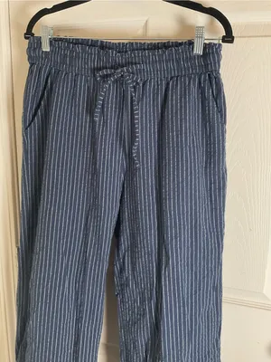 Women’s Blue & White Striped Linen Blend Wide Leg Pants Drawstring Lounge Size L thumbnail 4