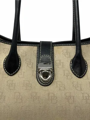 Dooney & Bourke Monogram Canvas Tote Bag Beige Black Leather Shoulder Bag thumbnail 2