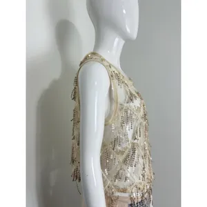 Women’s Sequin Fringe Crop Top Sheer Mesh Party Festival Shirt Approx Size S thumbnail 4