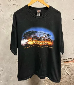 Harley Davidson Vintage Y2K Black Las Vegas Eagle Graphic Flame Biker Tee 2XL thumbnail 1