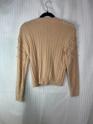 Women's Pearl Embellished Knit Sweater Beige Mock Neck Long Sleeve S/M thumbnail 2