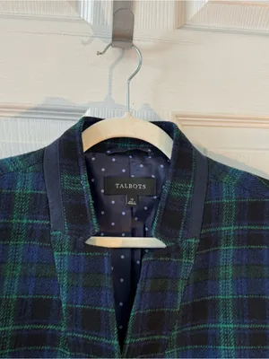 Talbots Wool Blend Green Blue Plaid Blazer Size 12 Crest Buttons Holiday thumbnail 7