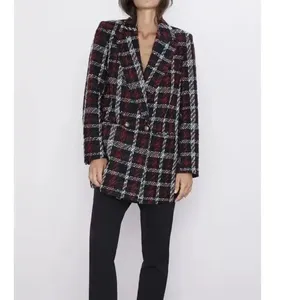 ZARA Overside Plaid Front Double Breasted Tweed Blazer Button Lined M Black Red thumbnail 12