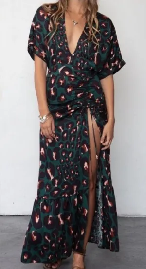 NWT Stillwater Green Cheetah Plunging Neckline Maxi Dress thumbnail 1