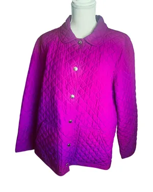 Lauren Ralph Lauren Quilted Jacket Magenta Purple Snap Front Peter Pan Collar L thumbnail 1