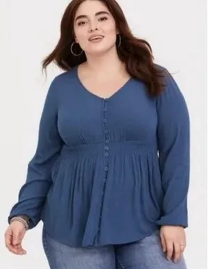 Torrid Blue Gauze Babydoll Top Size 2X Smocked Long Sleeve V-Neck Button Front thumbnail 1