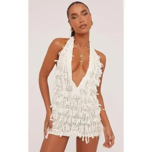 New EGO Extreme Plunge Mini Bodycon Dress In Cream Texture Size 8 thumbnail 3