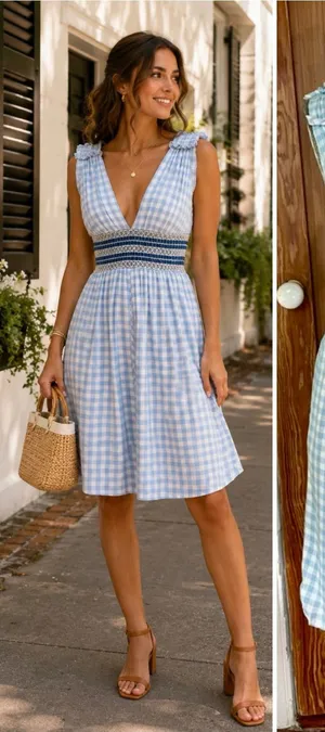 💥ALLEN SCHWARTZ Delilah Blue Gingham Smocked Waist Knee Length Dress XS💛 thumbnail 1
