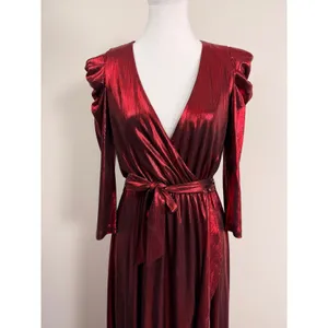 Retrofête Flora Metallic Red Lame Wrap Maxi Puff Sleeve Asymmetrical Gown Small thumbnail 3