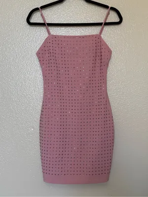 Windsor Pink Rhinestone Bodycon Mini Dress S Y2K Party Cocktail Spaghetti Strap thumbnail 2