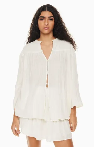 Aritzia Little Moon Sofia White Crinkle Gauze Button Blouse XS Relaxed Boho Top thumbnail 1