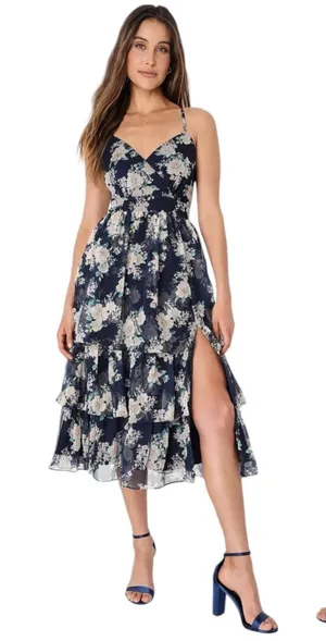Lulus Cultivate Crushes Navy Floral Print Tiered Ruffled Midi Dress Size S thumbnail 1