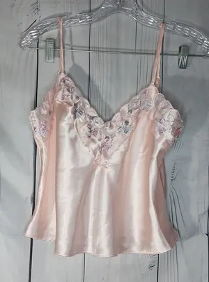 Shirley of Hollywood Vintage Coquette Y2K Silky Pink Lace Trim Camisole Top thumbnail 1