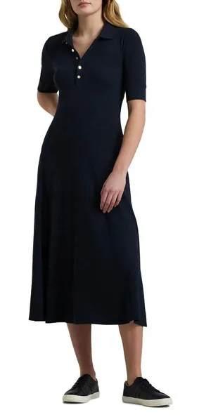 Lauren Ralph Lauren Lillianna Dress in Black Large Womens Midi Knit Ribbed Polo thumbnail 1