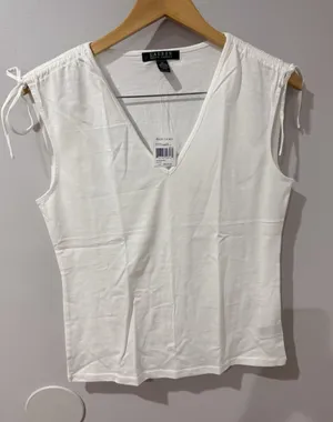 NWT Lauren Ralph Lauren White Short Sleeve Sz M T-Shirt Top Shoulder Cinching U thumbnail 1
