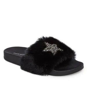 Steve Madden Black Faux Fur Shimmer Embellished Star Slide Sandals thumbnail 7