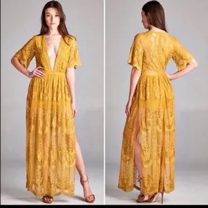 Socialite mustard embroidered lace plunge maxi dress Size Xs 100% Nylon & Cotton thumbnail 2
