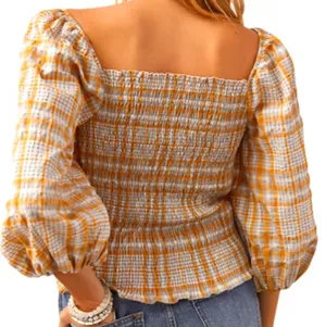 Like New Anthropologie Maeve Square Neck Puff Sleeve Seersucker Plaid Top Medium thumbnail 2