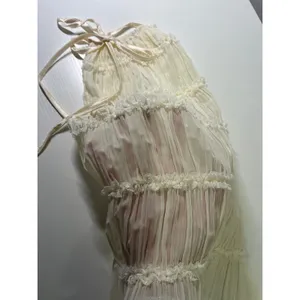 Cream Pleated boho Halter top Maxi skirt ruffle Tiered Open Back Resort‎ S thumbnail 7
