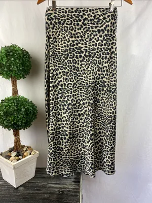ALYA Black & Tan Animal Print Satin Midi Skirt L thumbnail 2