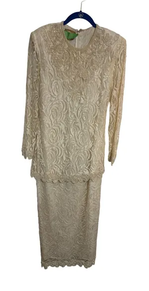 Vintage Maxi‎ Dress Lace Beaded Cream Elegant Evening Gown 80s 90s OS thumbnail 1