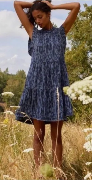 Anthropologie Jenee Tiered Tunic Dress Blue Animal Print Denim Size XS thumbnail 1