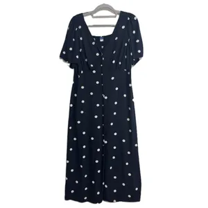 Old Navy Midi Dress Navy Polka Dot Button Front Smocked Modest Church Work Large thumbnail 2
