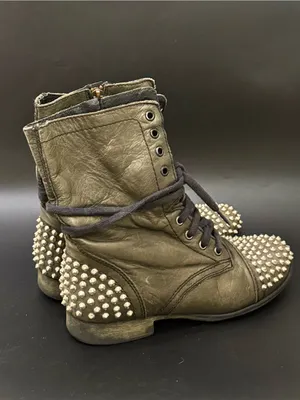 STEVE MADDEN “Tarnney” Dark Olive Green Leather Studded Combat Boots Size 7.5M thumbnail 4