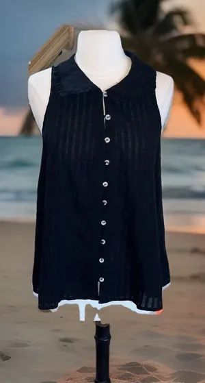 Black Cotton Sleeveless Flowy Button Up Blouse New thumbnail 1