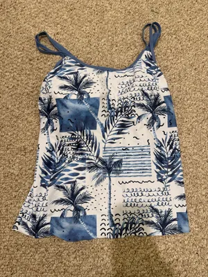 Blue Palm Print Tankini Top with Solid Blue Swim Shorts thumbnail 2