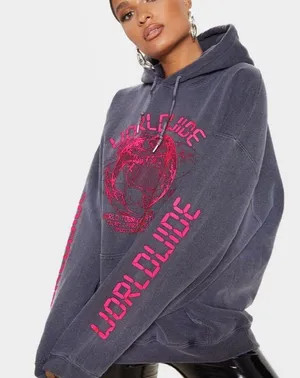 PrettyLittleThing GREY WORLDWIDE GRAPHIC OVERSIZED HOODIE Medium thumbnail 1