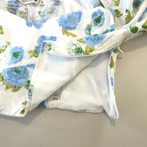 Zara Linen Blend Floral‎ Crop Top Puff Sleeve Smocked White Blue Women's M thumbnail 7