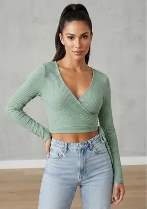 rue21 Sage Green Ribbed Knit Wrap Top Open Back‎ Long Sleeve Crop Top thumbnail 1