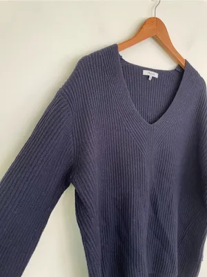 Madewell Woolside Pullover V-neck Sweater in Navy Blue XL Ribbed Texture Knit thumbnail 6