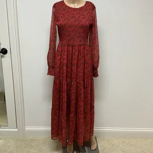 NWT bohme Smocked Tiered Maxi Dress Sheer Sleeves Rust with black design size S thumbnail 2