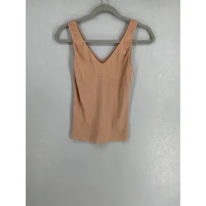 Enza Costa Womens Tank Top Ribbed Double V-Neck Tan Medium thumbnail 2