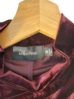 MINKPINK Women M Burgundy Velvet Maxi Dress Mock Neck Whimsigoth Gothic Slit thumbnail 6