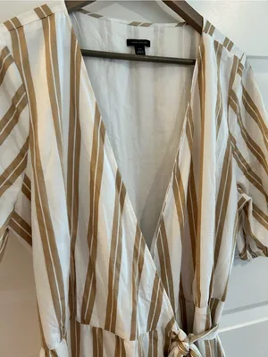 Ann Taylor Striped Wrap Dress Puff Sleeves Tan White Size XXL thumbnail 4