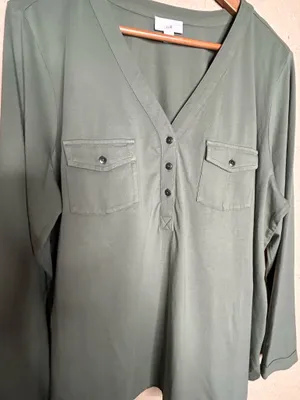 🩷 J. Jill Women Henley Top Large Green Long Sleeve V-Neck Utility Pockets Cotton thumbnail 9