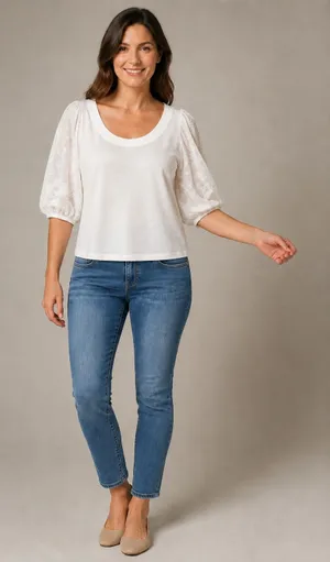 Maeve White Short Sleeve Scoop Neck Top with Embroidered Puff Sleeves Size S thumbnail 1