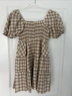 Peixoto Coco Beige and White Gingham Puff Sleeve Mini Dress Size Small thumbnail 8