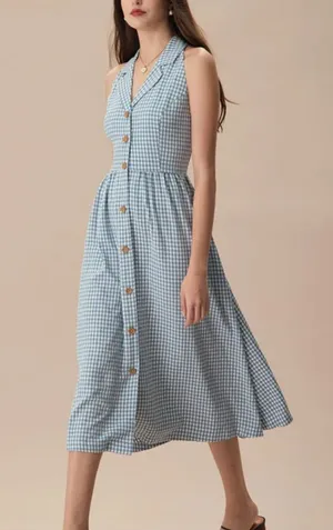 Rihoas Blue Lapel Plaid Sleeveless Shirt Midi Dress thumbnail 1