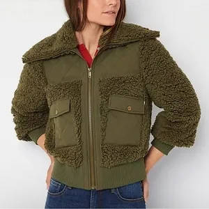 Frye & Co. Green Sherpa Fluffy Jacket Bomber Coat Pockets Zipper Zip-Up Winter thumbnail 4